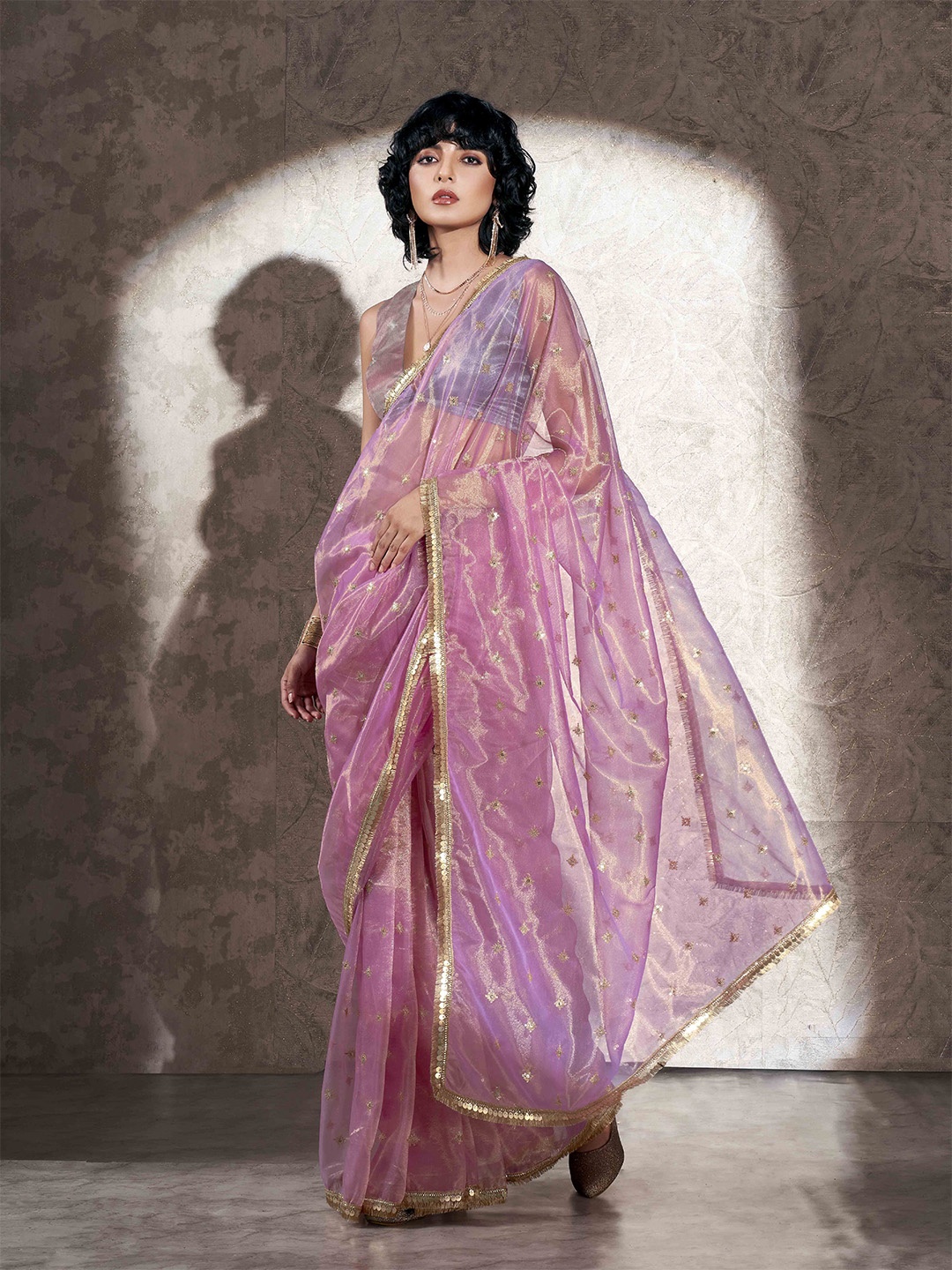 

Tikhi Imli Embellished Sequinned Net Saree, Pink