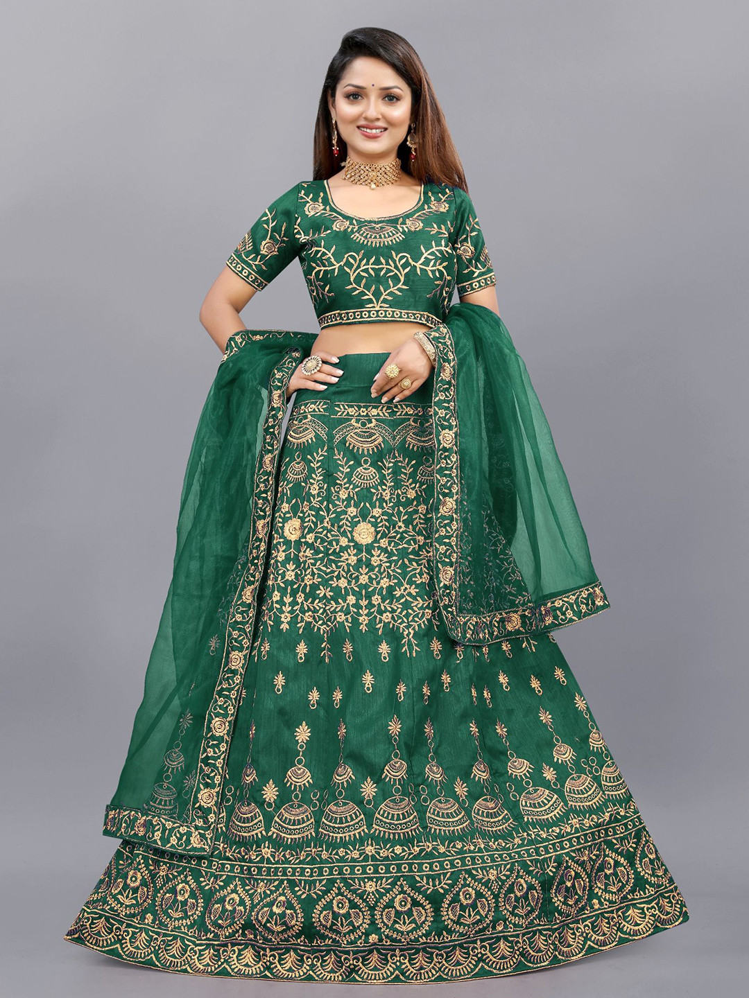 

APNISHA Embroidered Thread Work Semi-Stitched Lehenga & Unstitched Blouse With Dupatta, Green
