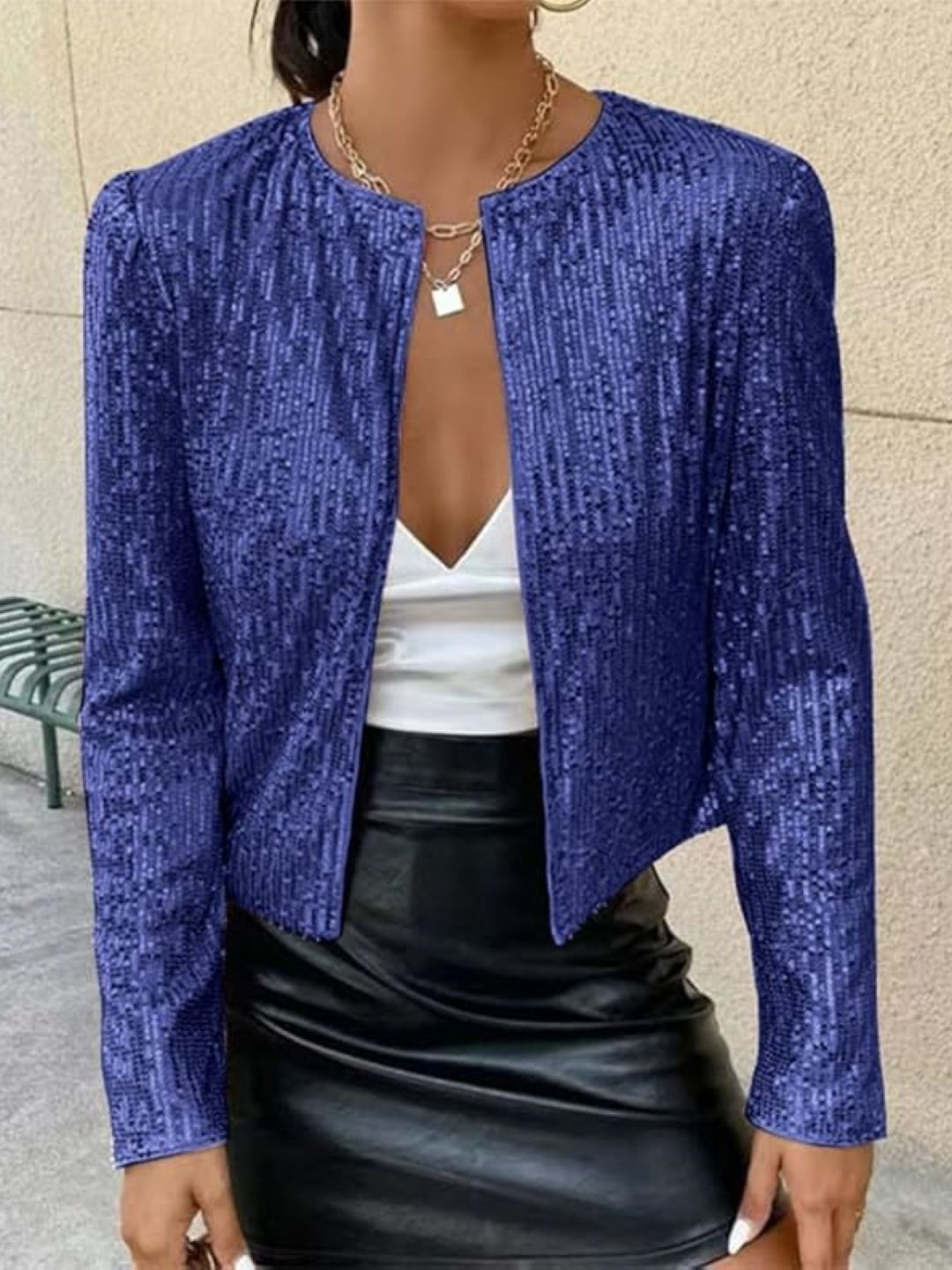 

KPOP Women Collarless Solid Open Front Jacket, Blue