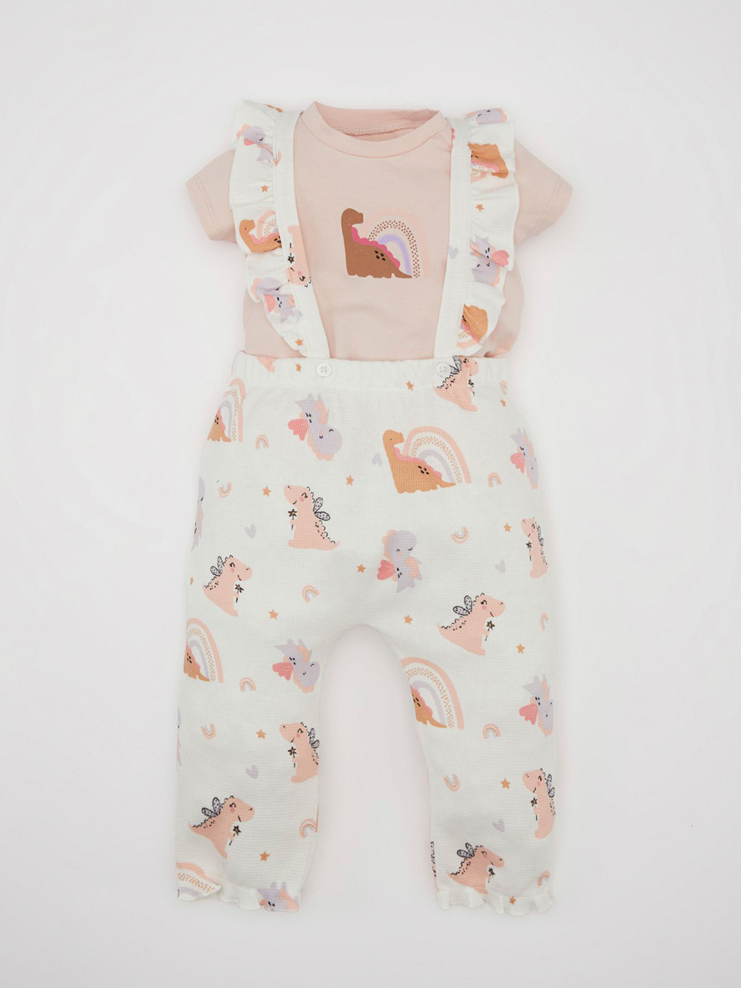 

DeFacto Infant Girls Printed Pure Cotton Dungarees Comes With T-Shirt, White