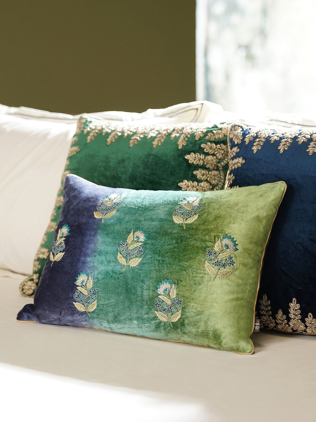 

Pure Home and Living Green & Blue Floral Embroidered Velvet Rectangle Cushion Covers