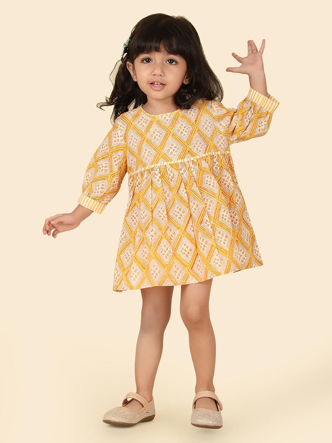 

Fabindia Hand Block Printed A-Line Dress, Yellow