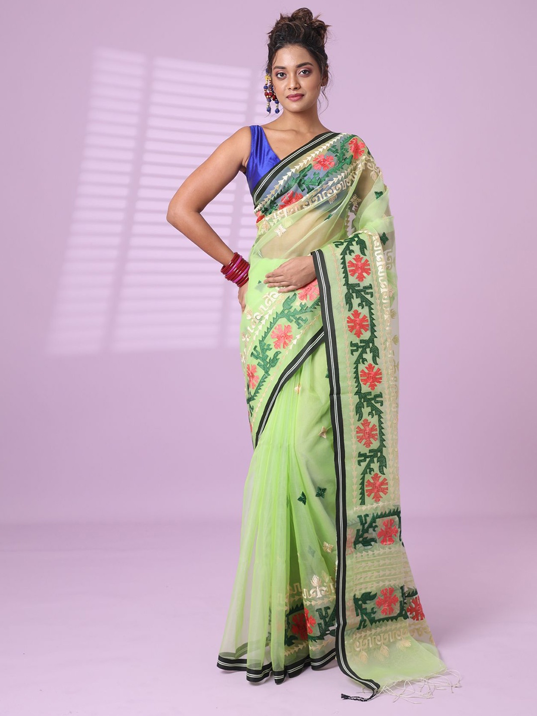 

Charukriti Ethnic Motifs Embroidered Pure Silk Saree, Green