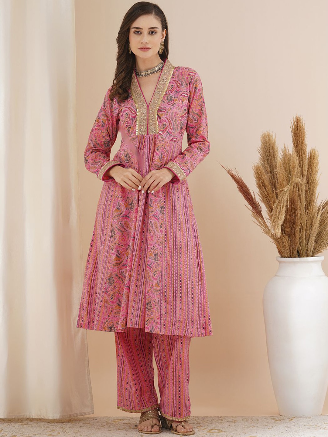 

FASHOR Ethnic Motifs Printed Pleated Sequinned Pure Cotton A-Line Kurta With Palazzos, Pink