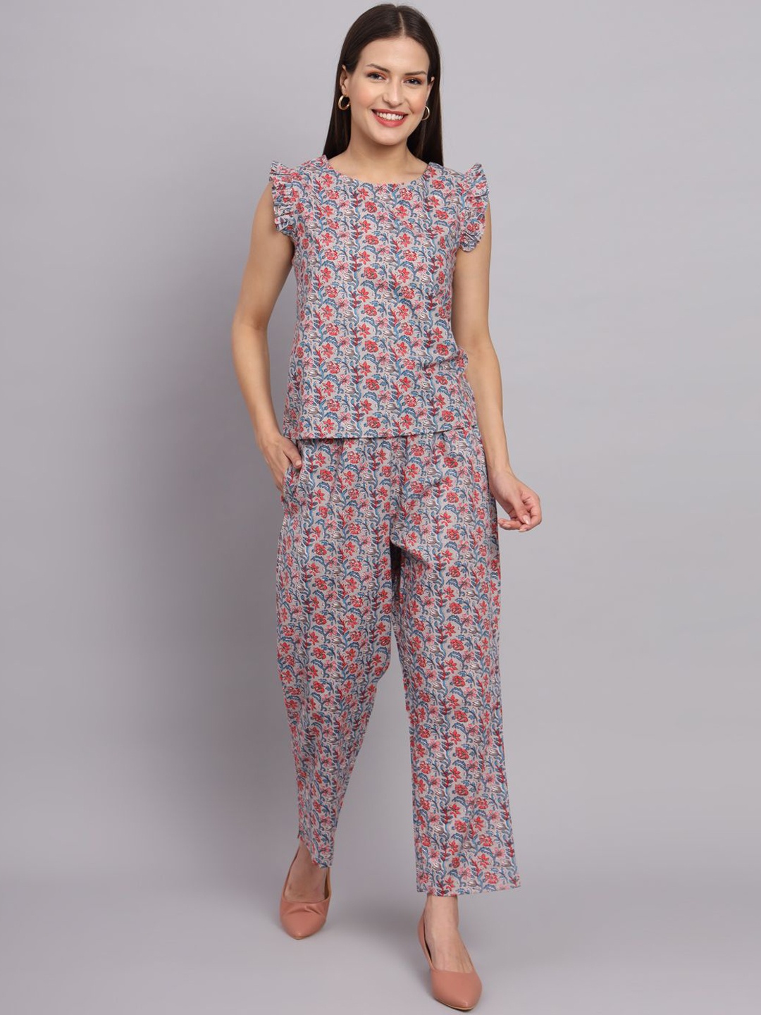 

KALINI Floral Printed Round Neck Top & Trousers, Grey