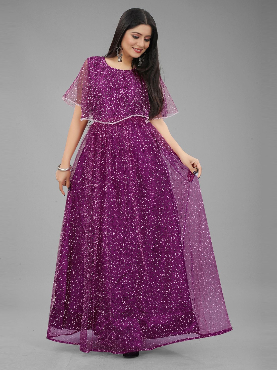 

Aika Floral Embellished Flared Sleeve Fit & Flare Maxi Dress, Purple