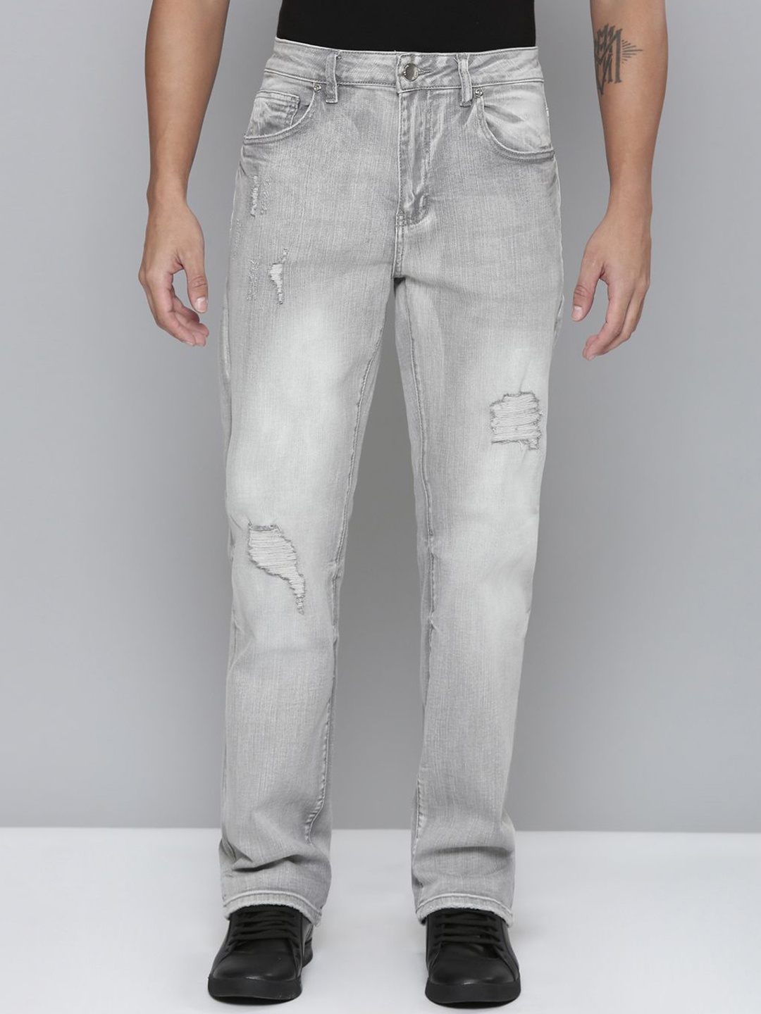 

WAIMEA Men Comfort Relaxed Fit Mildly Distressed Heavy Fade Stretchable Jeans, Grey