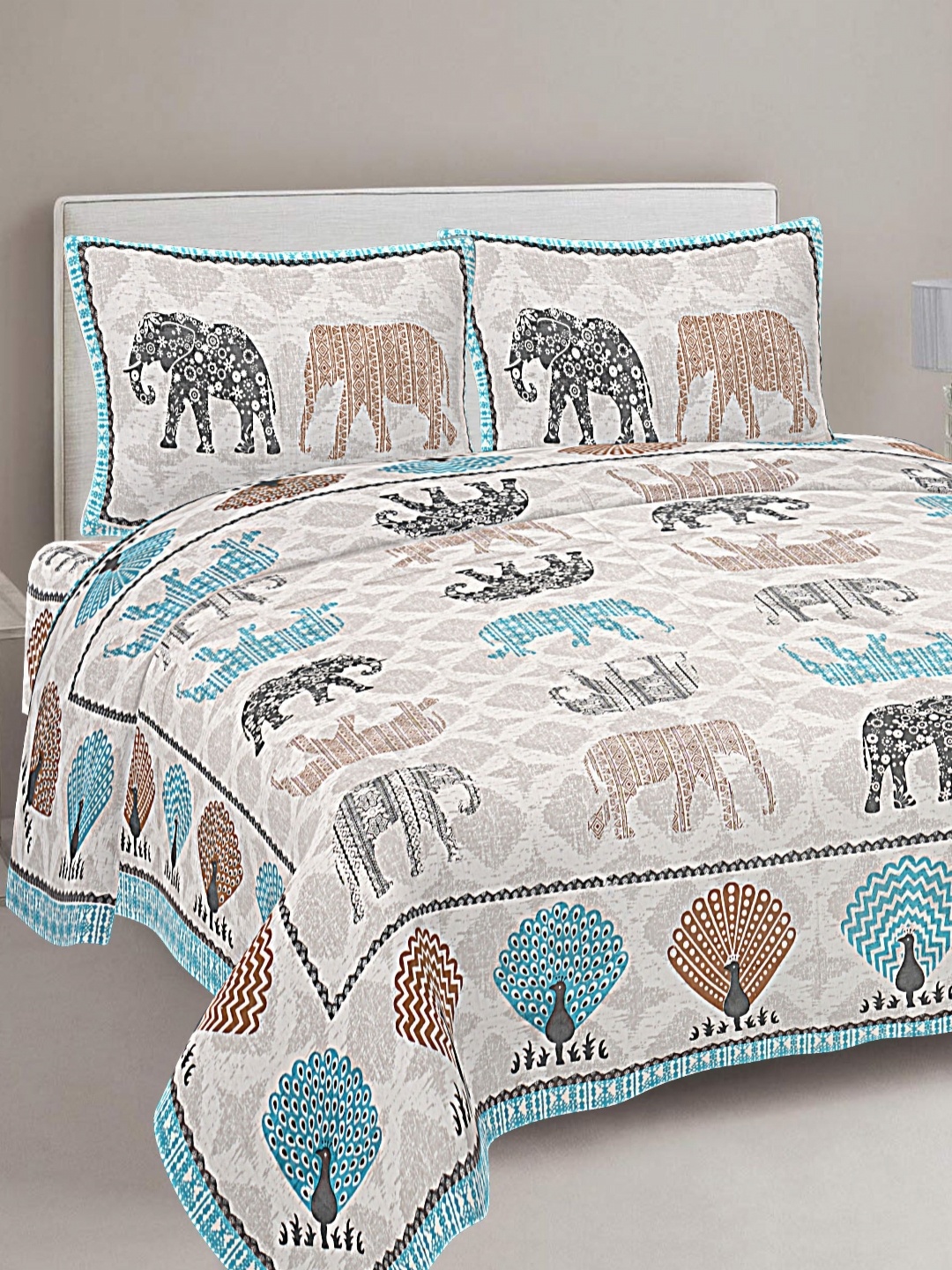 

FrionKandy Living Turquoise Blue Printed Cotton 180 TC King Bedsheet With 2 Pillow Covers