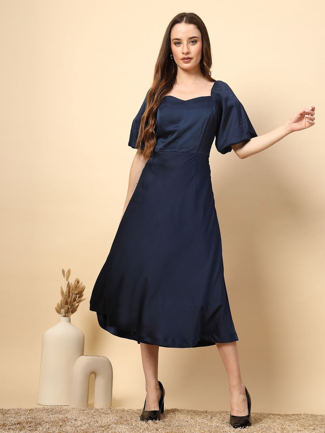 

Gipsy Flared Sleeve Fit & Flare Midi Dress, Navy blue