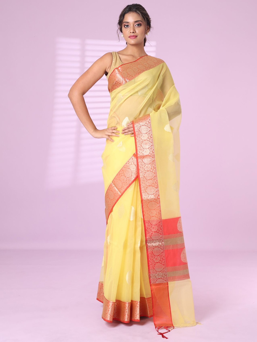 

Charukriti Ethnic Motifs Zari Organza Saree, Yellow