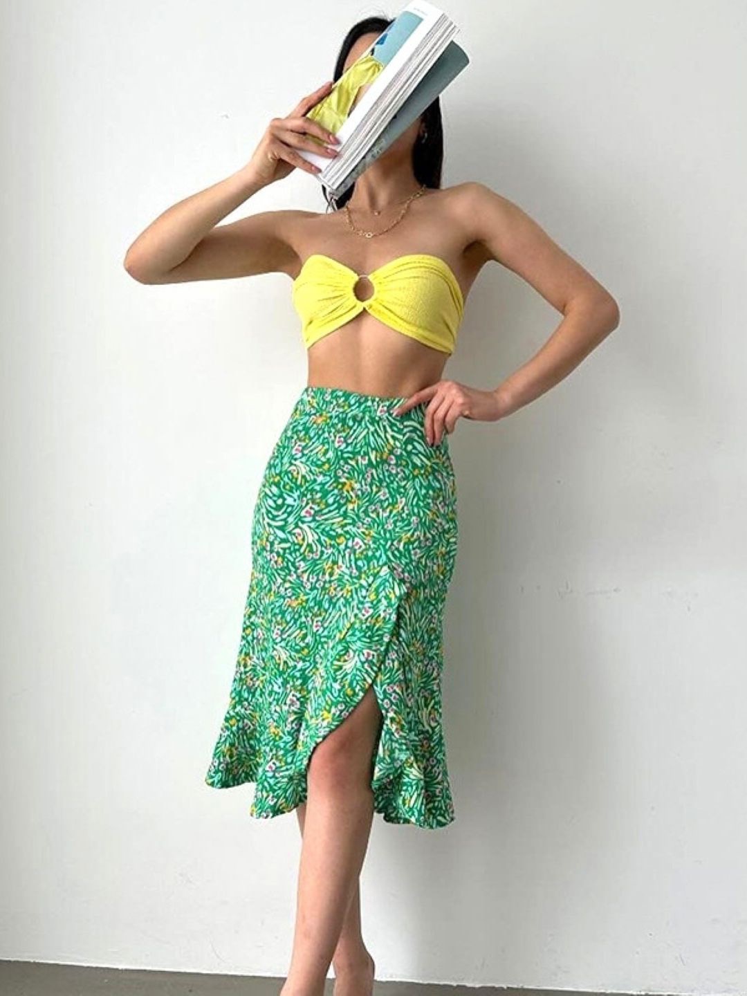 

KPOP Women Floral Printed Straight Slip-On Midi Skirt, Green