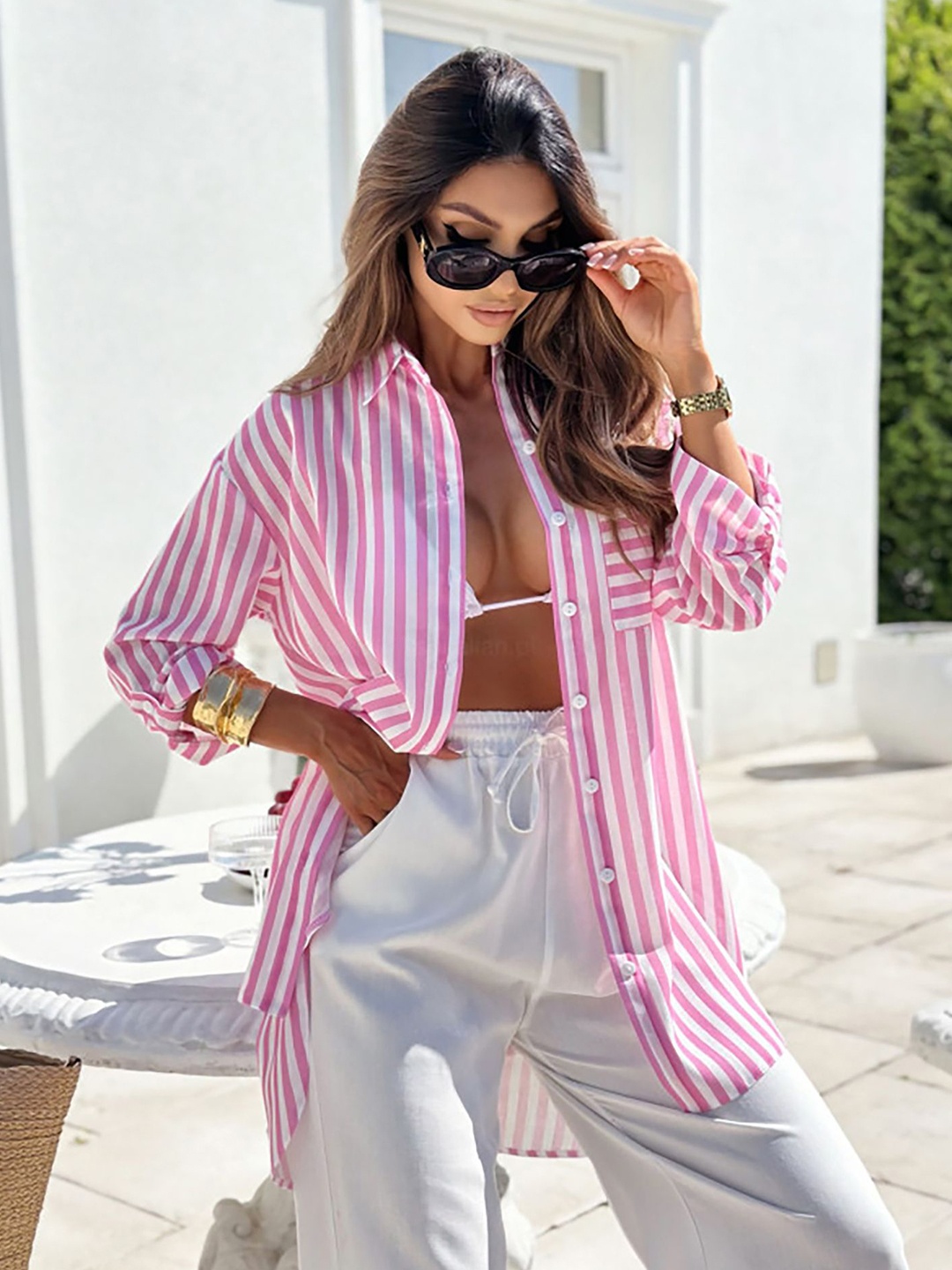 

StyleCast x Revolte Women Spread Collar Vertical Striped Casual Shirt, Pink