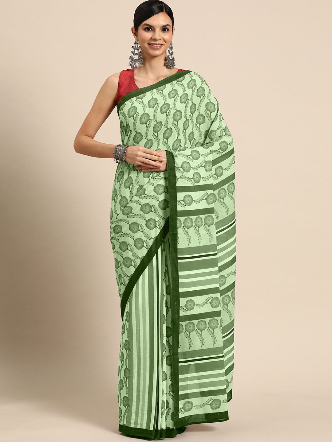 

BUTA BUTI Floral Pure Cotton Saree, Green