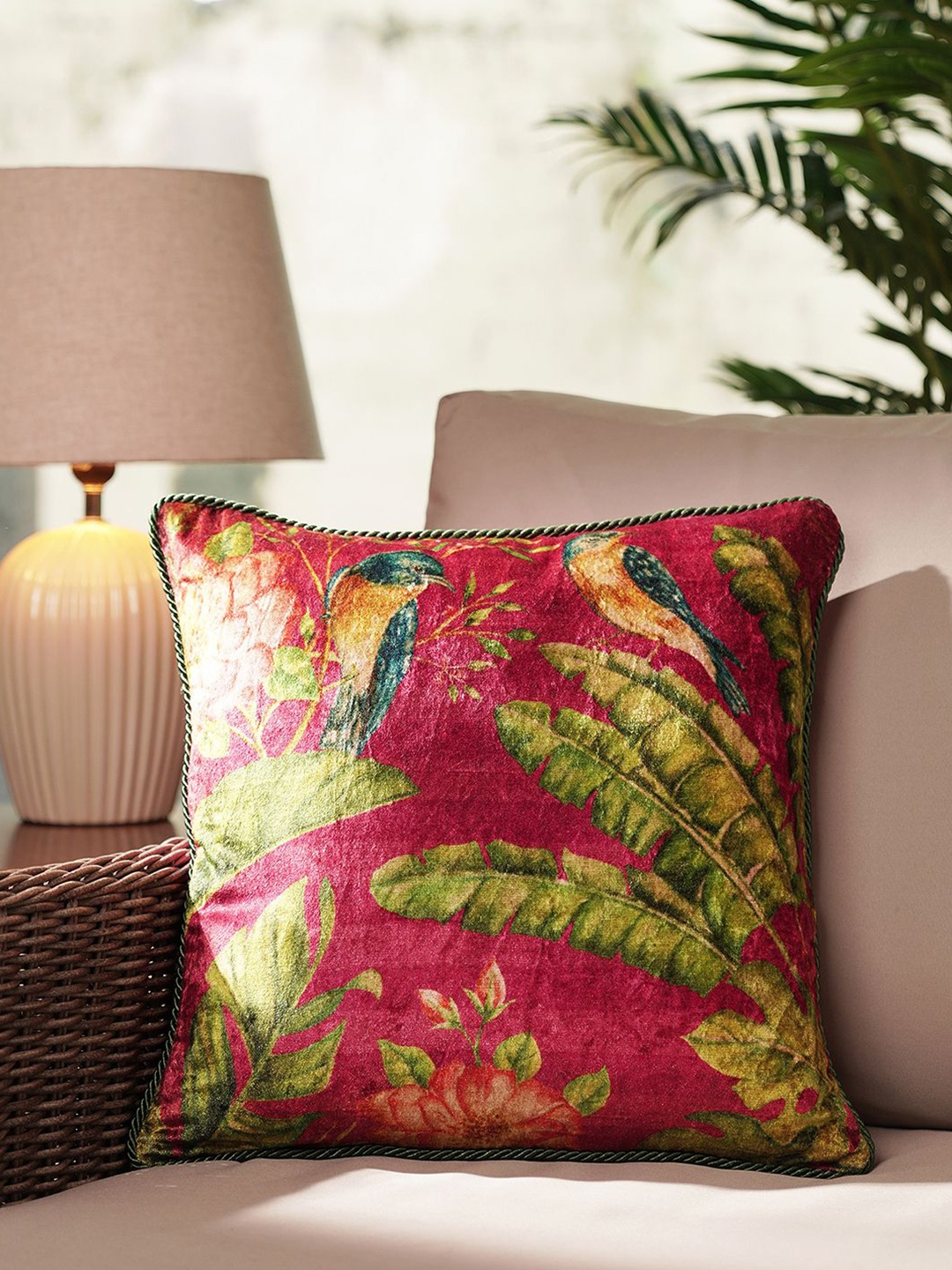 

Pure Home and Living Pink & Green Floral Printed Velvet Square Cushion Covers