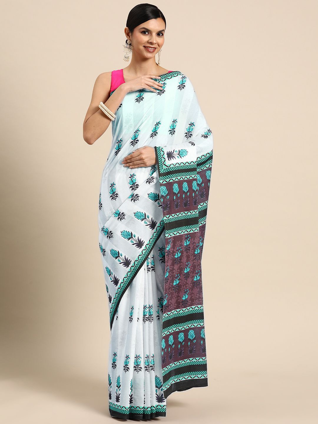 

BUTA BUTI Floral Pure Cotton Saree, Blue