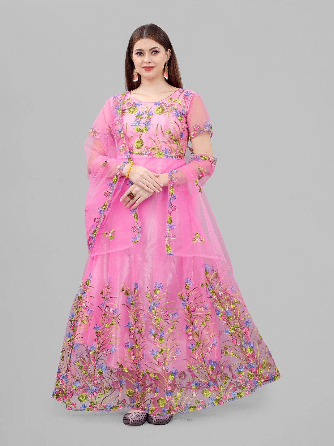 

Aika Floral Embroidered Net Fit & Flare Maxi Dress, Pink