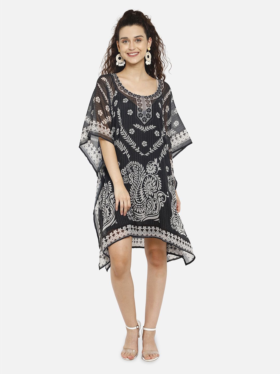 

Aditi Wasan Ethnic Motifs Printed Kimono Sleeve Kaftan Dress, Black