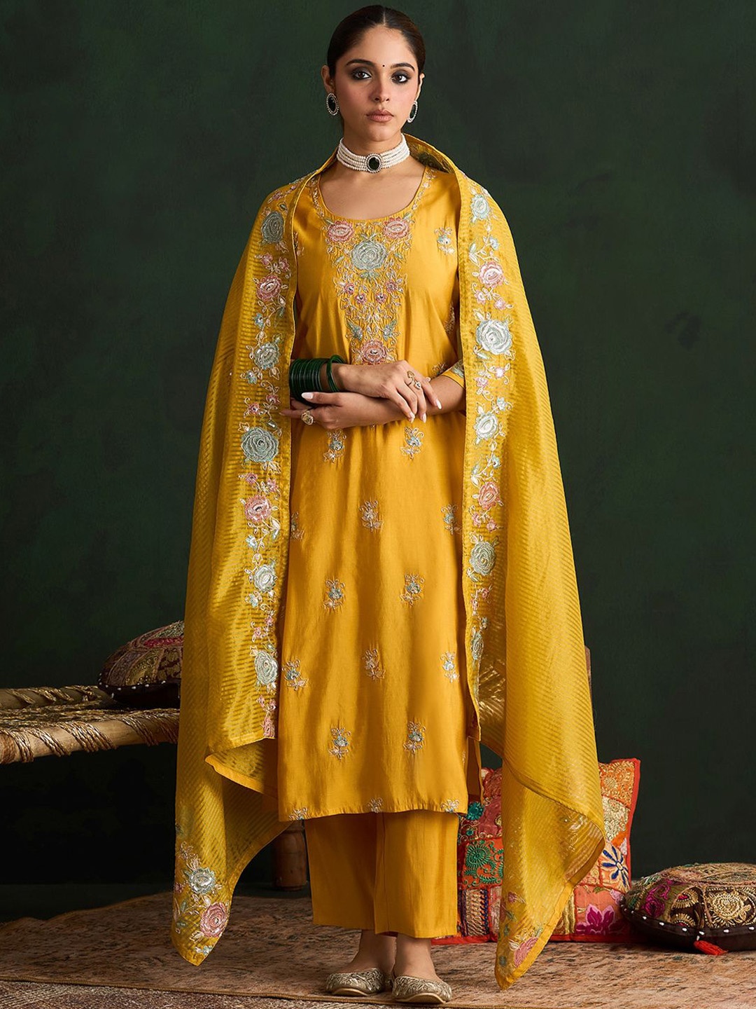 

Indo Era Mustard Yellow Floral Embroidered Straight Kurta with Trousers & Dupatta