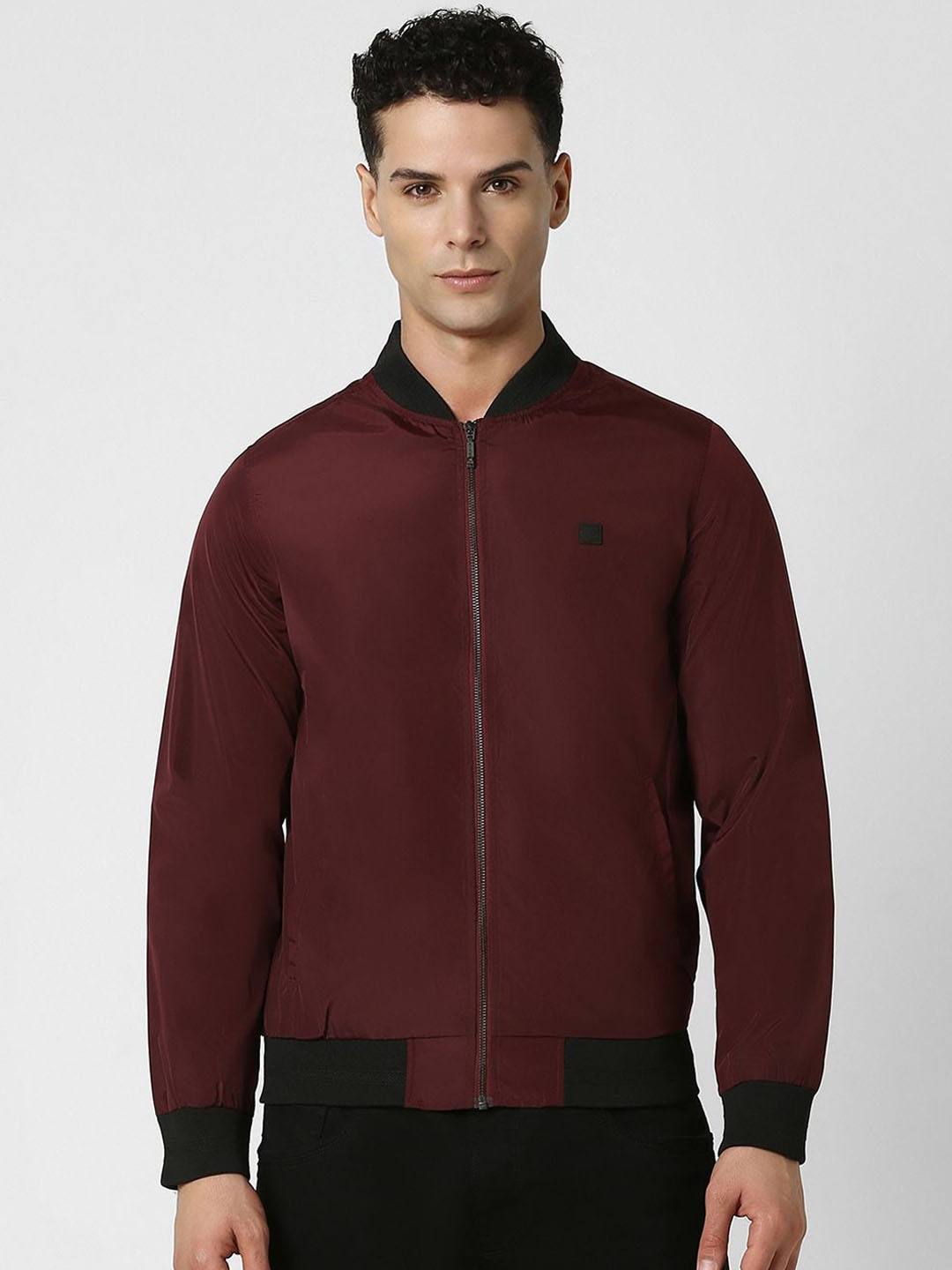 

V Dot Men Solid Mock Collar Open Front Jacket, Maroon