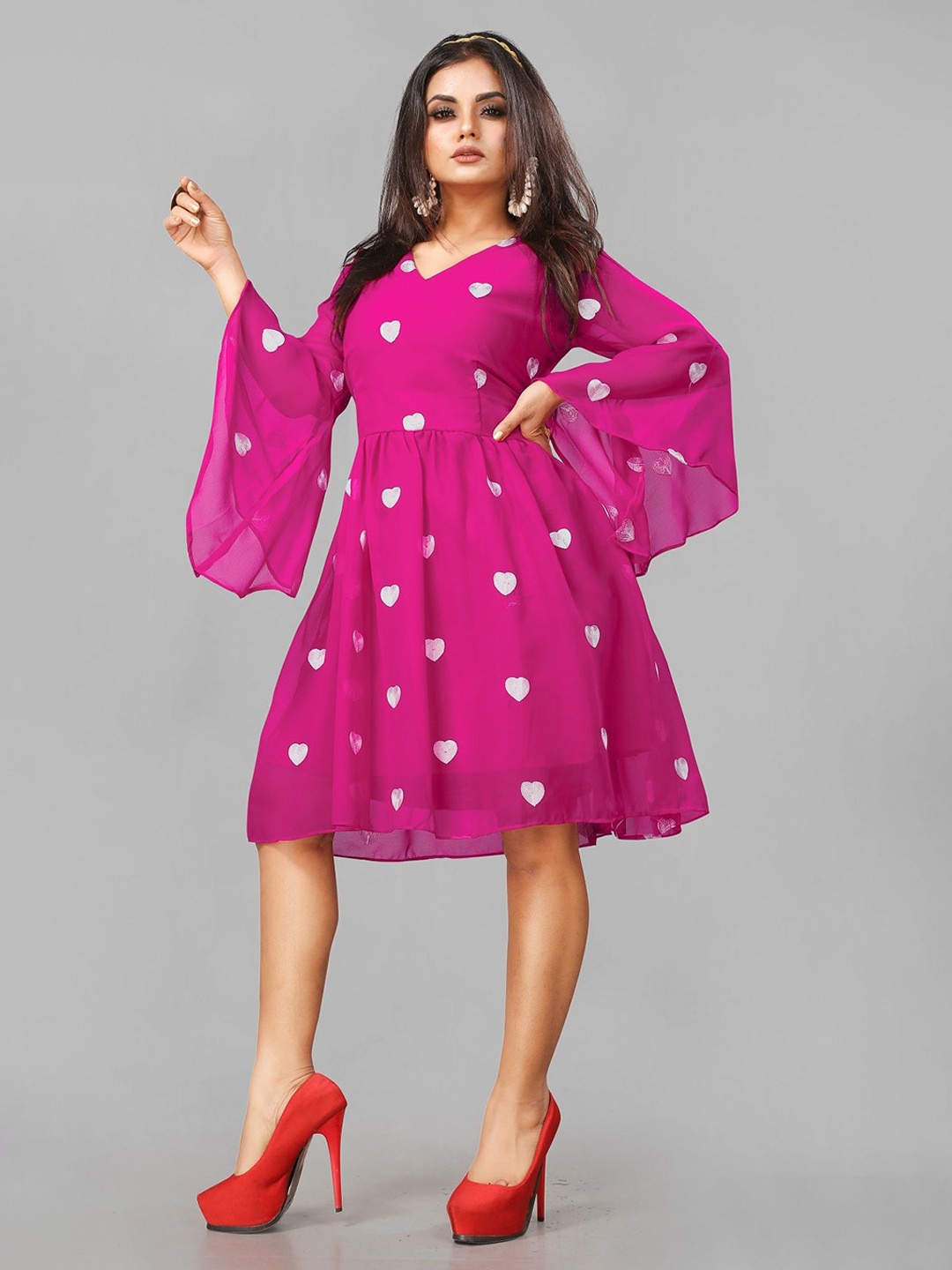 

APNISHA Women Geometric Embroidered Flared Sleeves Fit & Flare Dress, Magenta