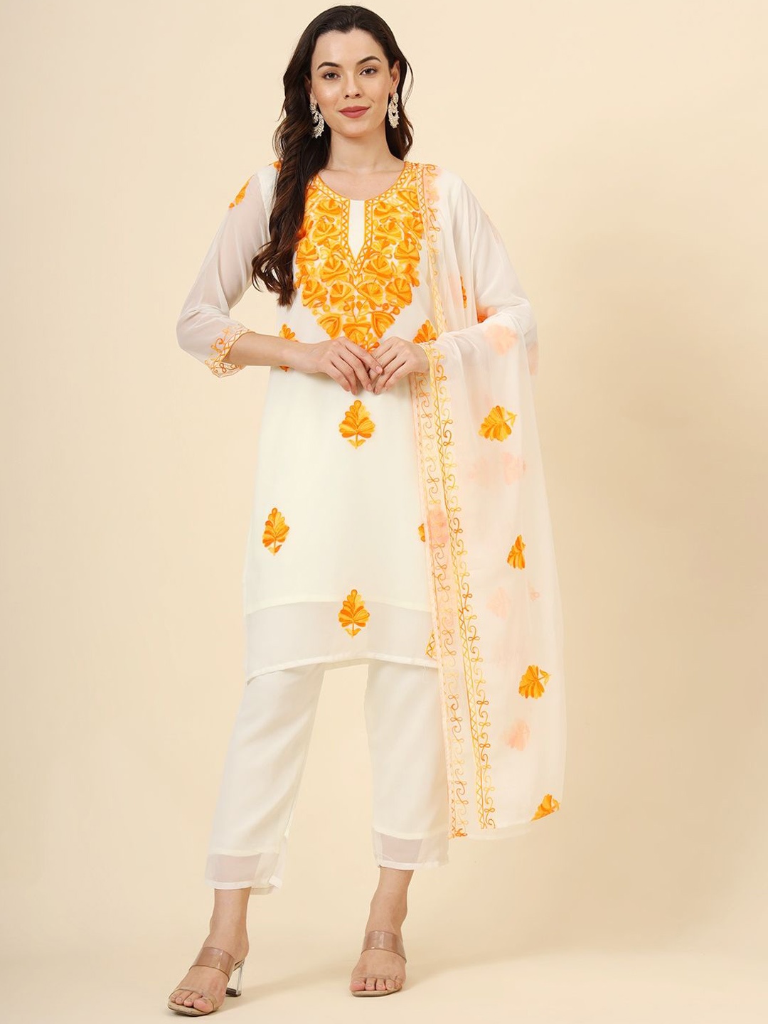 

VAIRAGEE Ethnic Motifs Embroidered Thread Work Straight Kurta with Trousers & With Dupatta, Yellow
