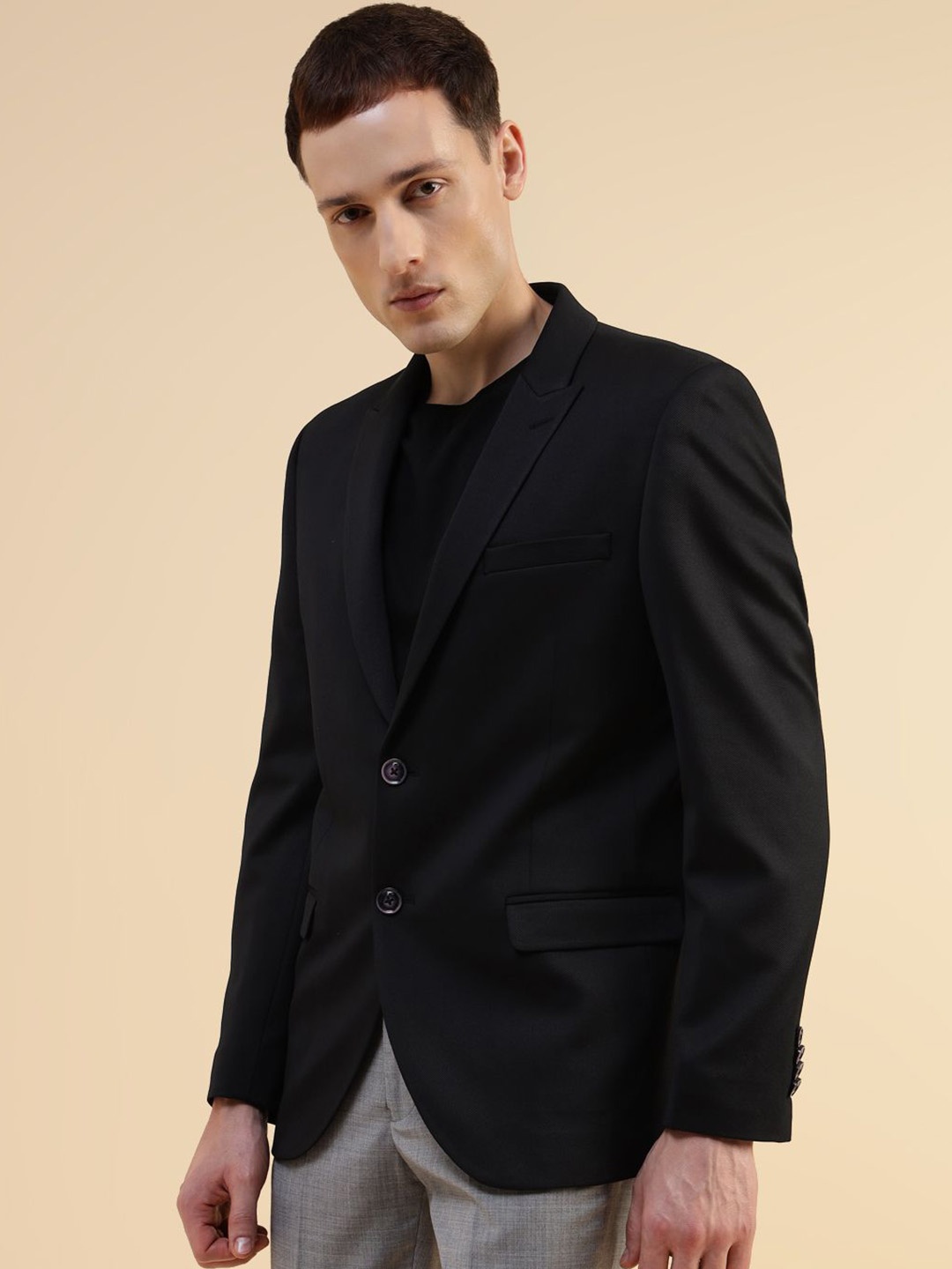 

Givo Tailored Fit Double Vent Single Breasted Cotton Blazer, Black