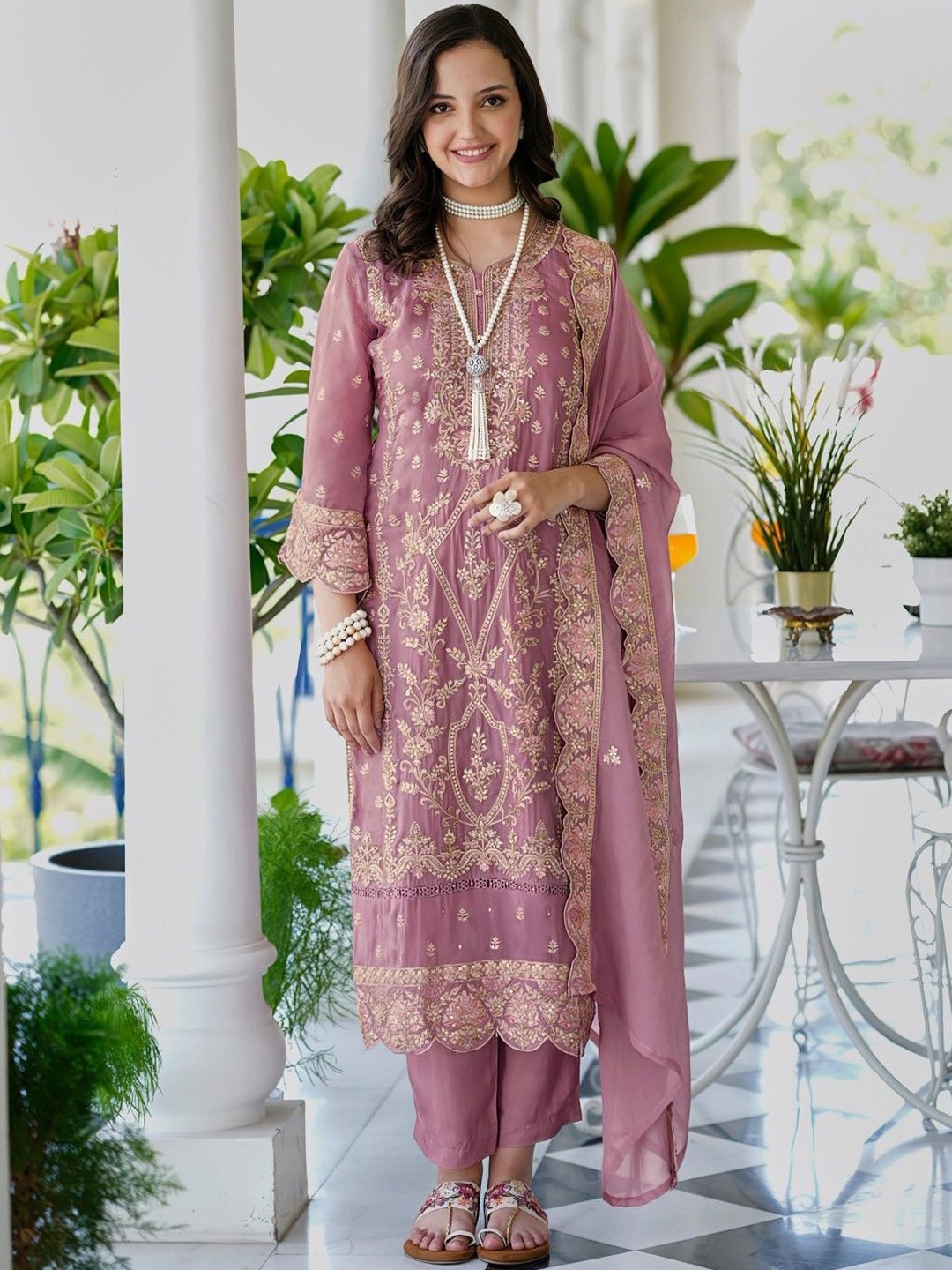 

AUTUMN LANE Floral Printed Thread Work Straight Kurta With Trousers & Dupatta, Peach