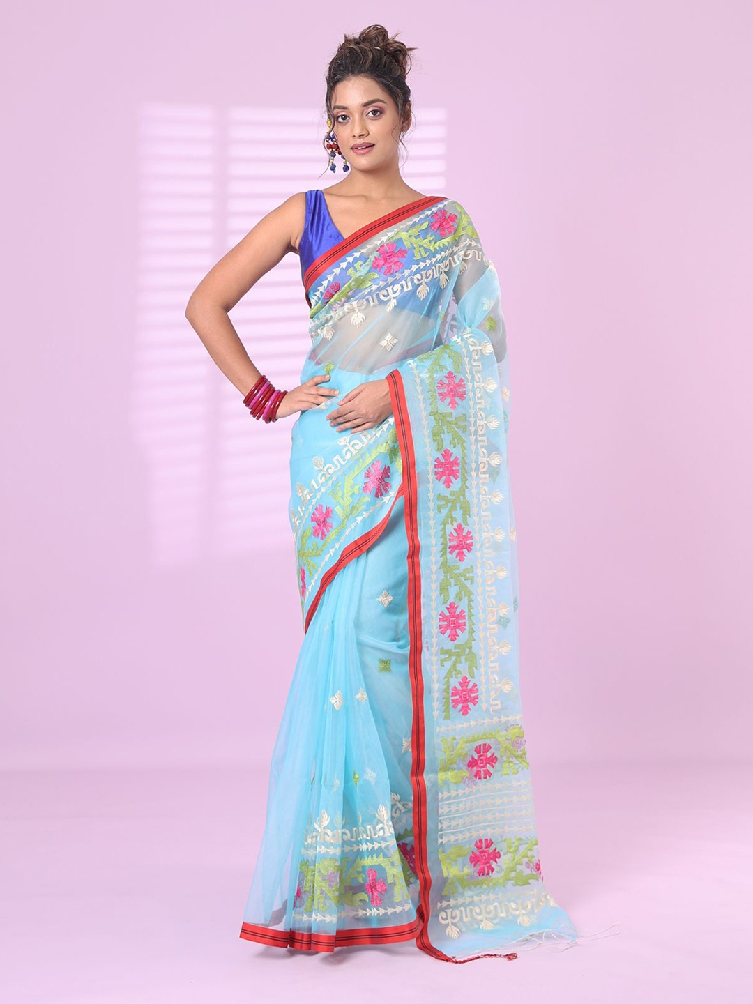 

Charukriti Ethnic Motifs Embroidered Pure Silk Saree, Blue