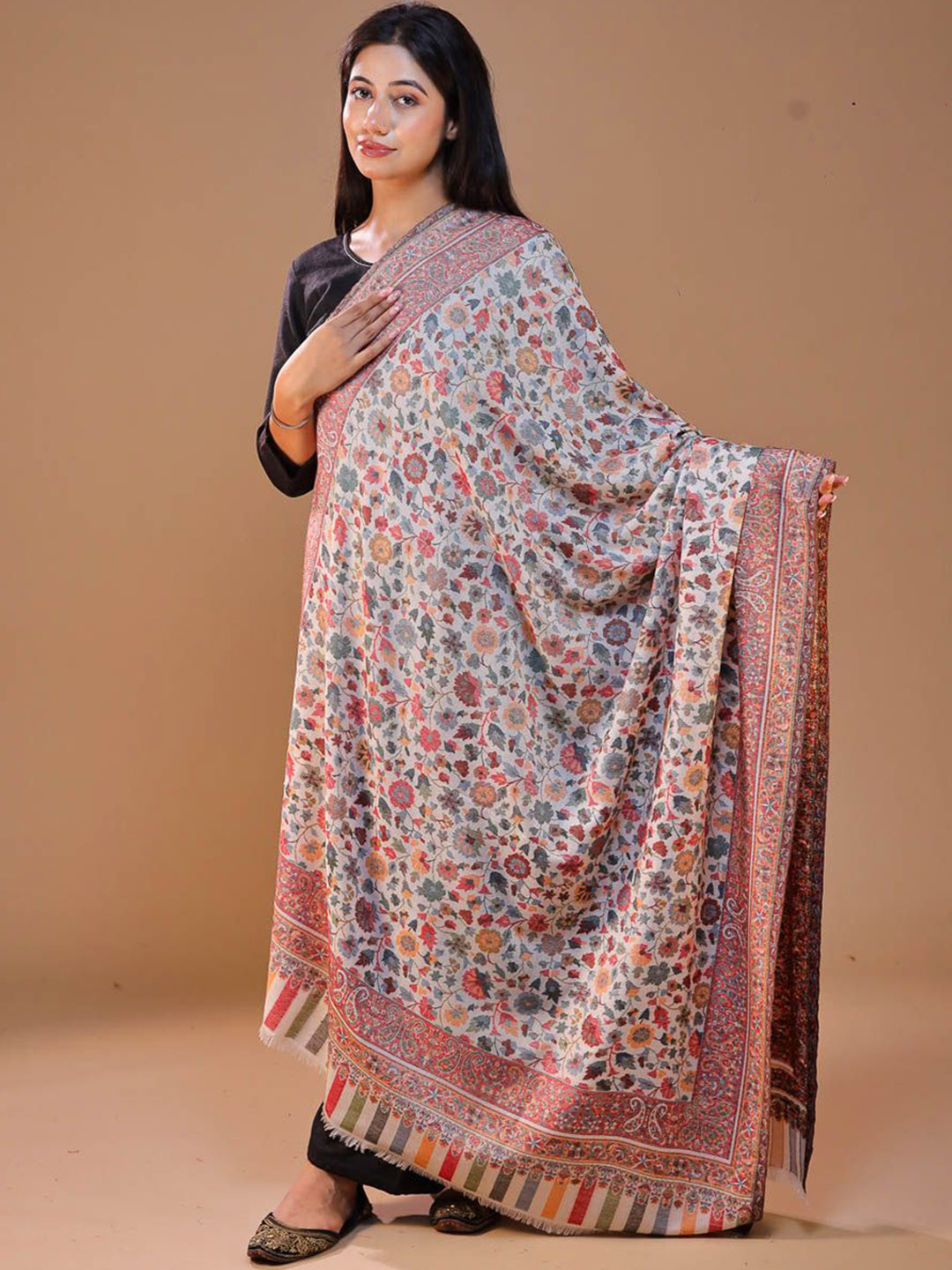 

SWI Stylish Floral Woven Design Kani Wool Shawl, White