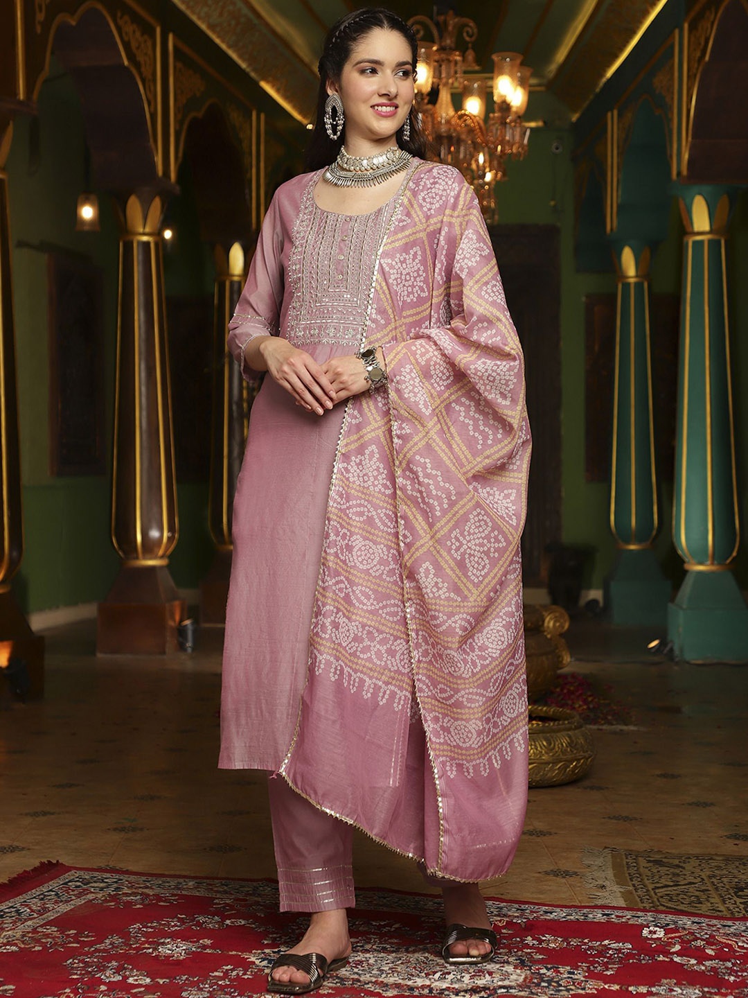 

Sangria Embroidered Thread Work Straight Kurta With Trousers & Dupatta, Mauve