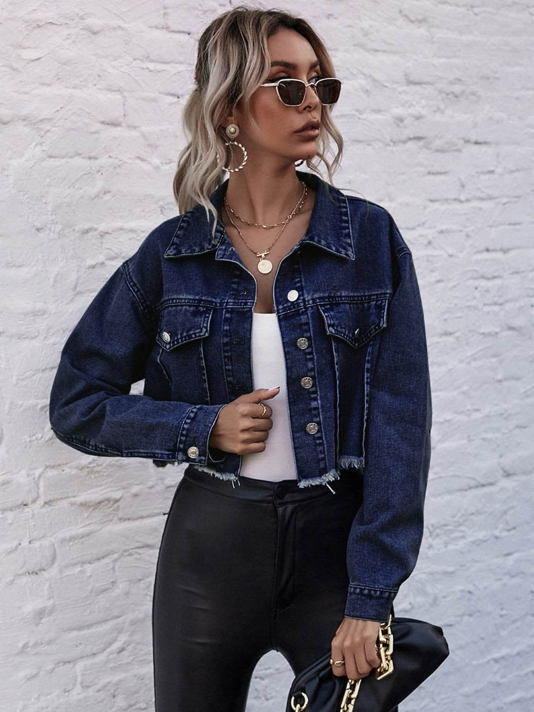 

KPOP Women Solid Crop Denim Jacket, Navy blue