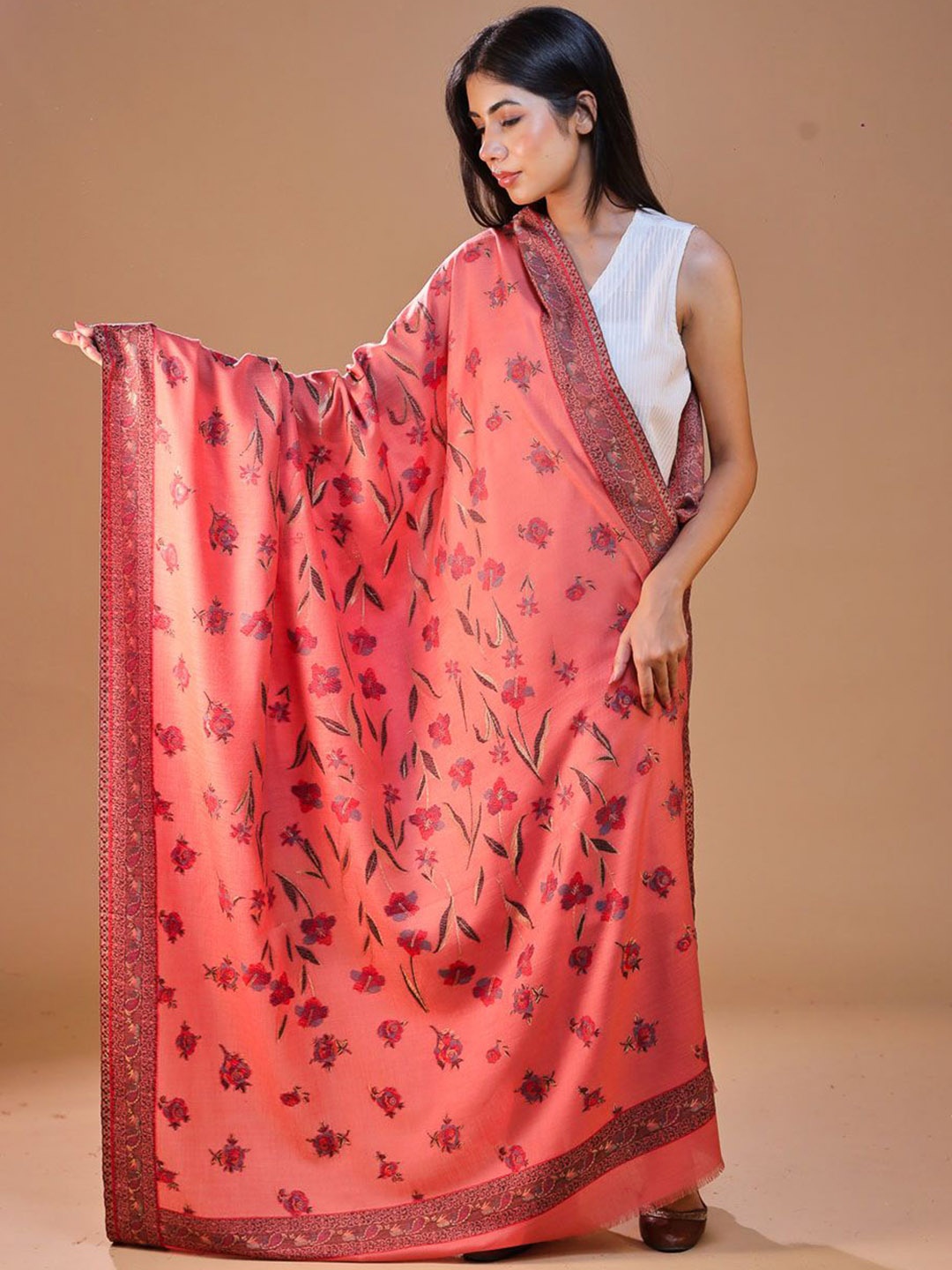 

SWI Stylish Floral Woven Design Woolen Shawl, Peach
