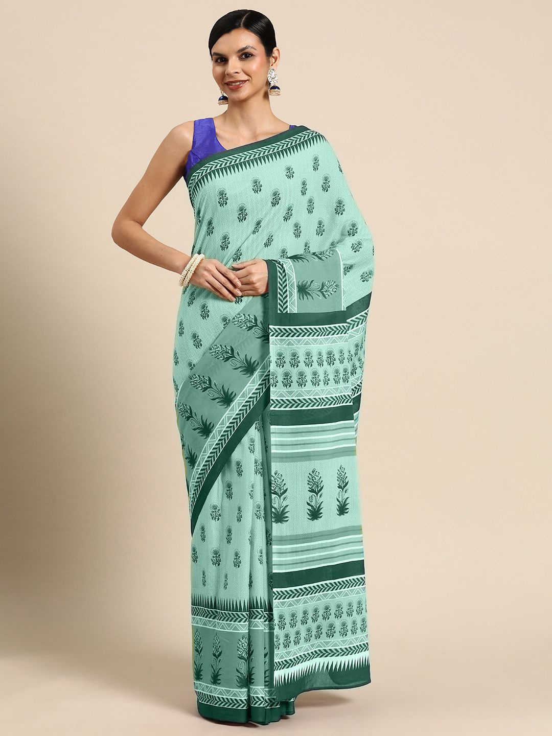 

BUTA BUTI Floral Printed Pure Cotton Saree, Sea green