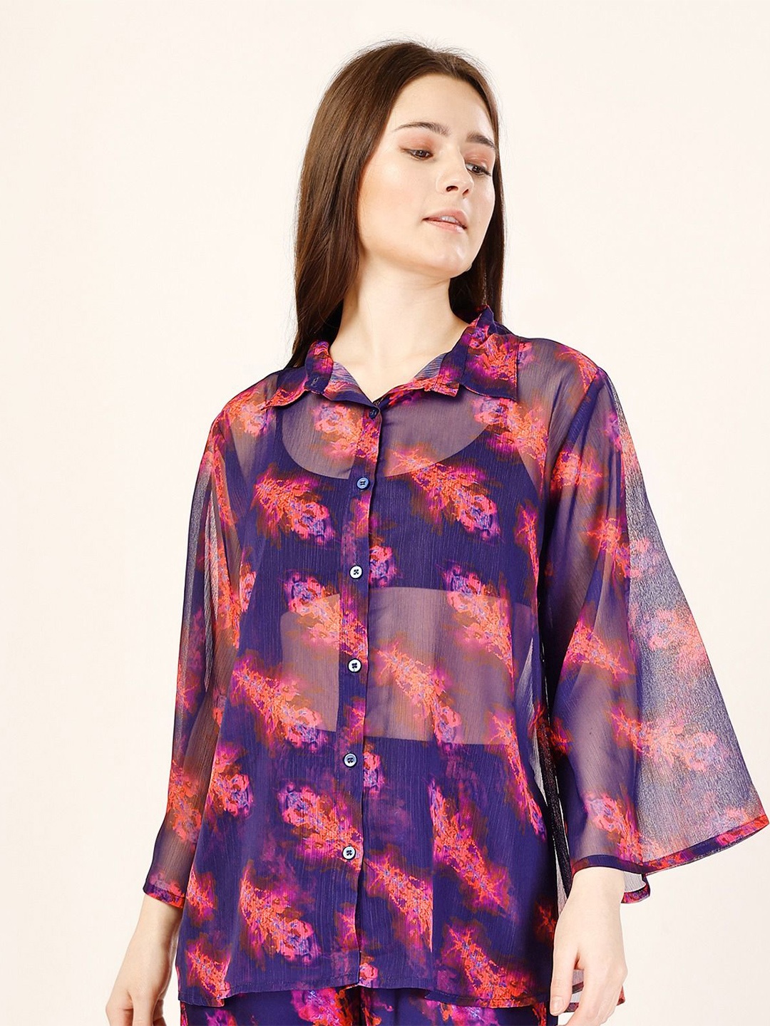 

Murcia Women Cuban Collar Floral Printed Chiffon Casual Shirt, Blue