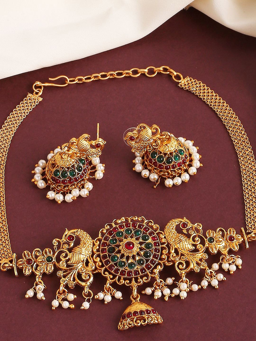 

Anouk Stone-Studded & Beaded Goddess Laxmi Choker Temple Jewellery Set, Gold