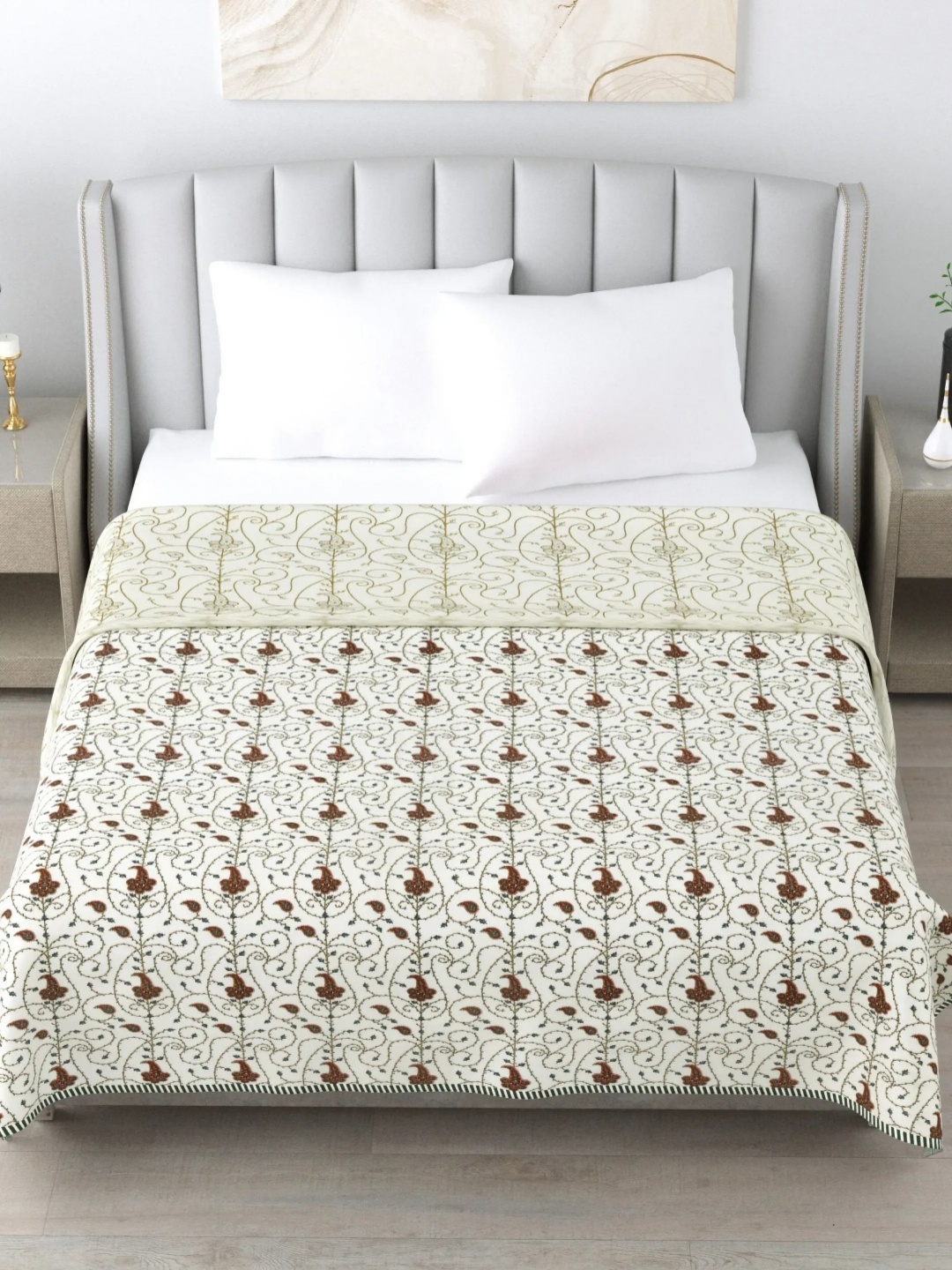 

LIVING ROOTS White Floral Printed AC Room 210 GSM Reversible Cotton Double Bed Dohar, Cream