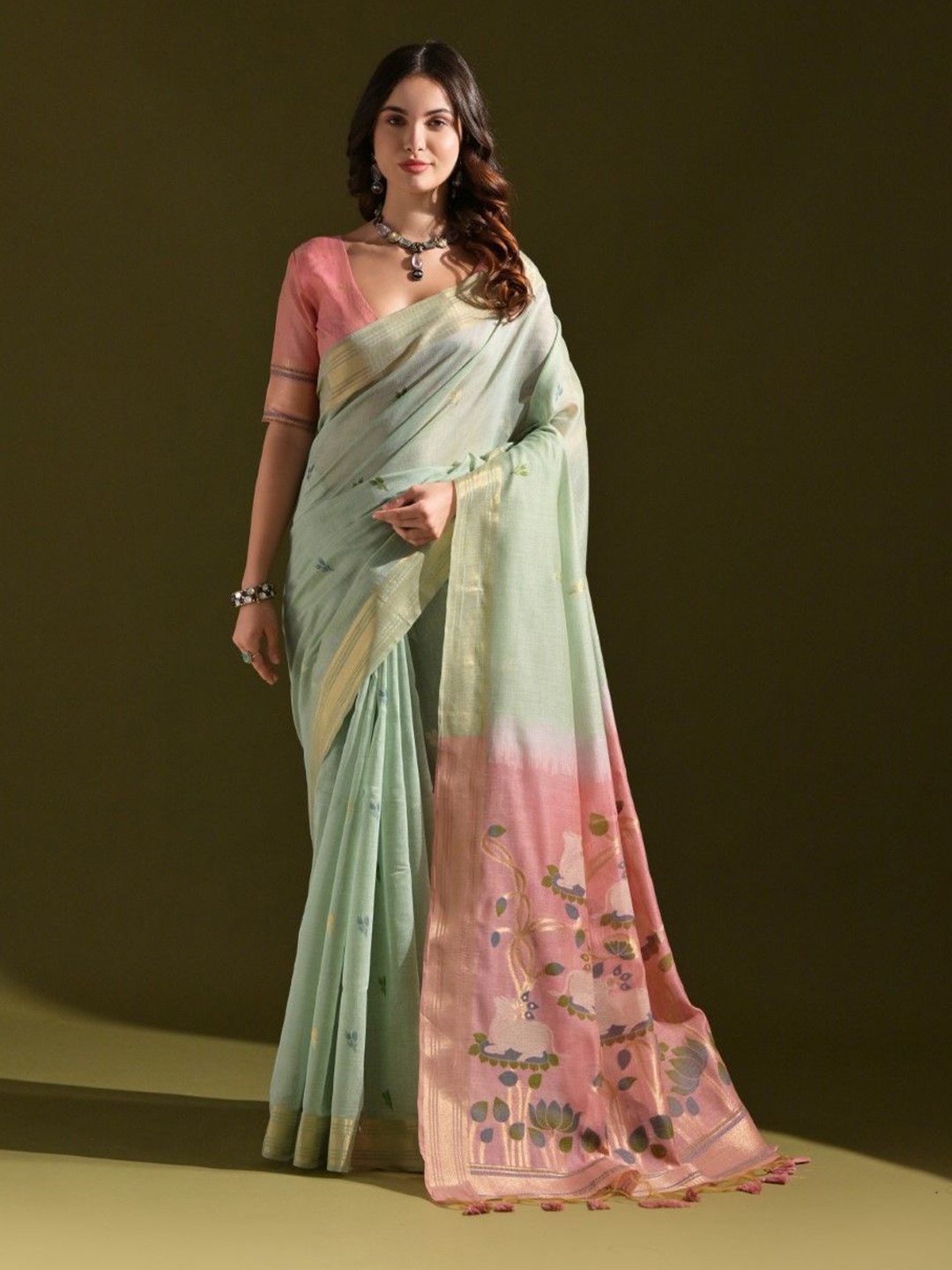 

VISHNU WEAVES Woven Design Zari Pure Cotton Muga Saree, Sea green