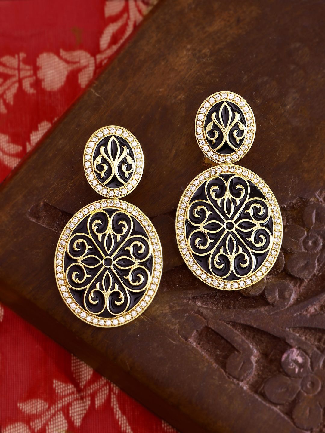 

Voylla Gold plated Kundan Studded Contemporary Enamelled Contemporary Drop Earrings