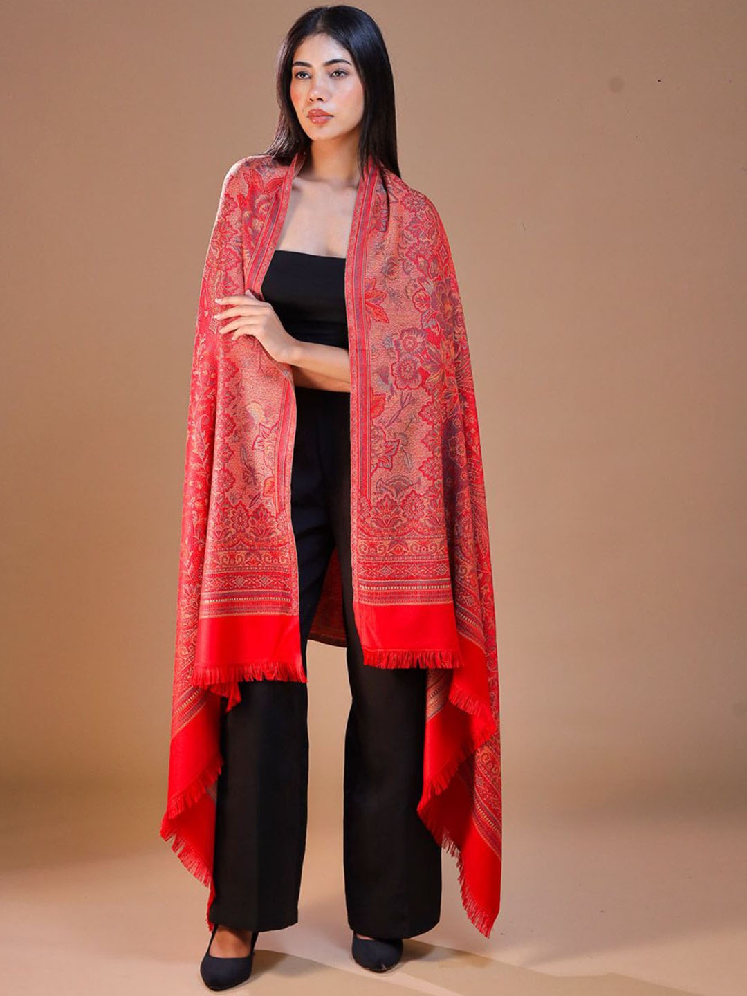 

SWI Stylish Floral Woven Design Woolen Shawl, Red
