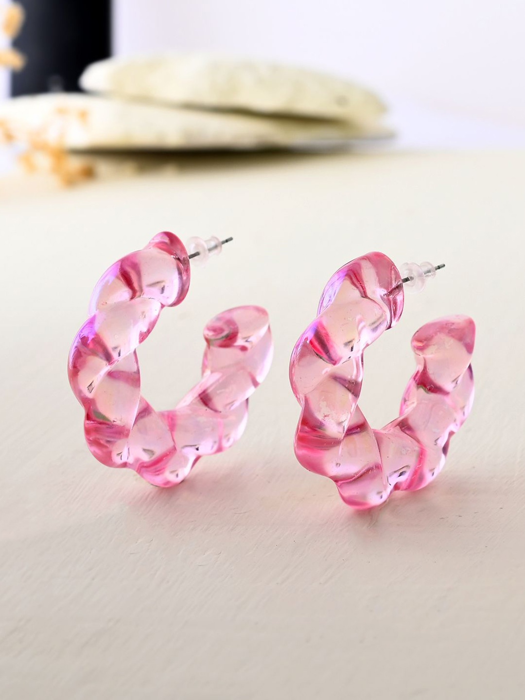 

Voylla Quirky Twisted Chunky Half Hoop Earrings, Pink