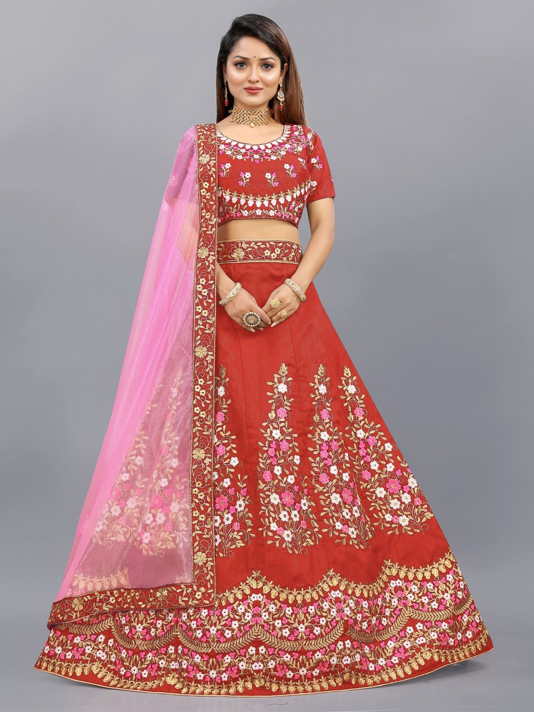 

APNISHA Embroidered Semi-Stitched Lehenga & Unstitched Blouse With Dupatta, Red