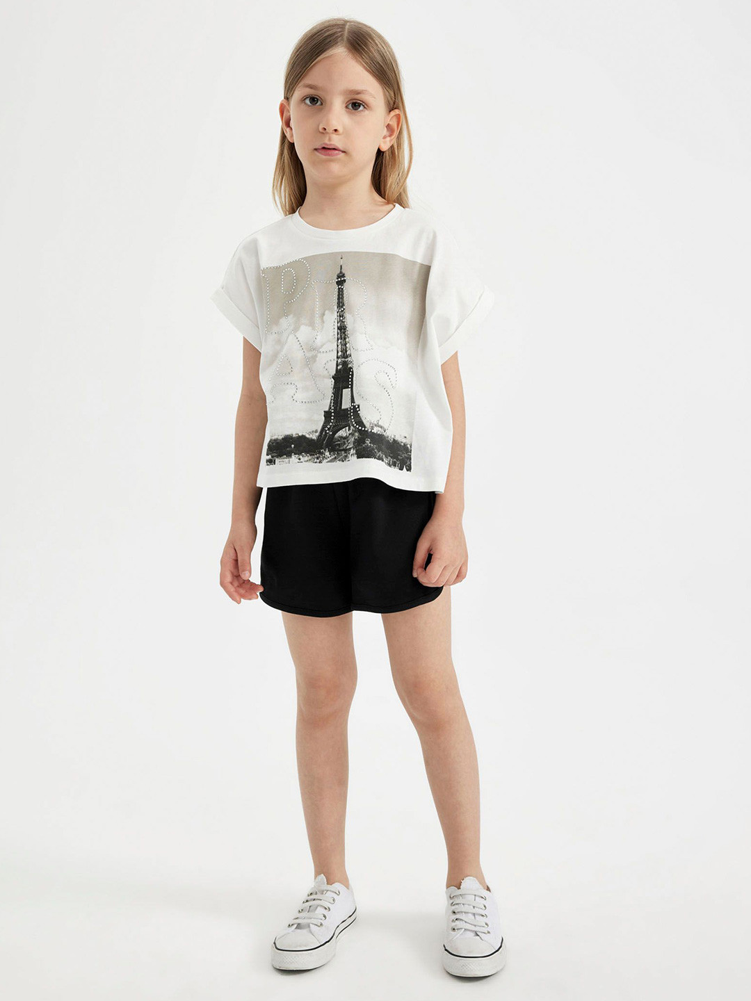 

DeFacto Girls Graphic Printed Extended Sleeves Pure Cotton T-shirt With Shorts, White