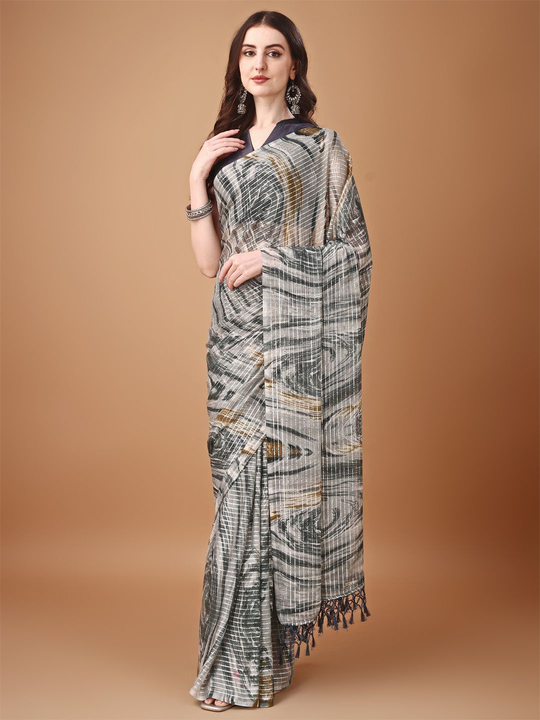 

KALINI Printed Embellished Silk Saree, Grey