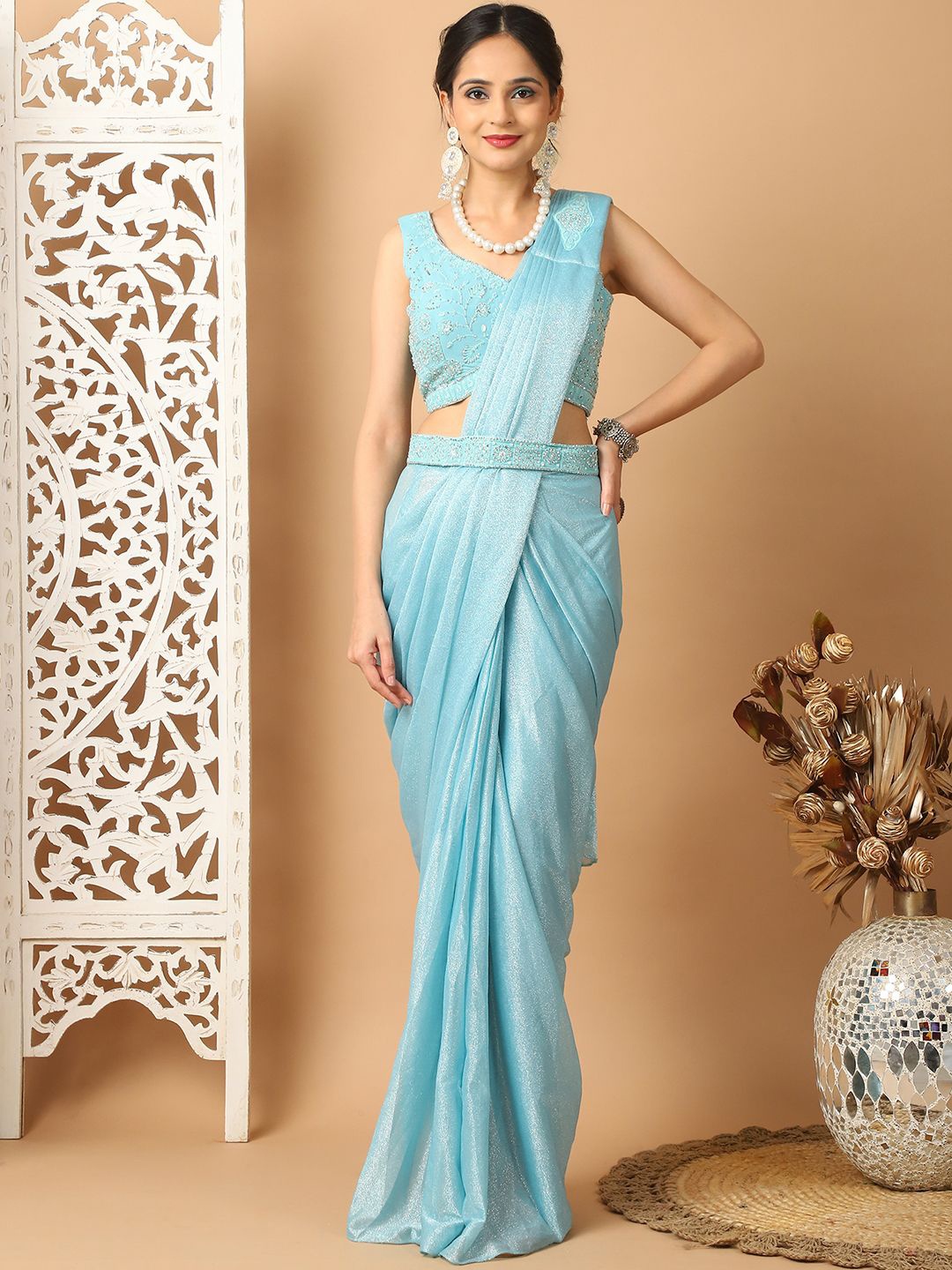 

Grancy Beads and Stones Ready to Wear Lycra Leheriya Saree, Turquoise blue