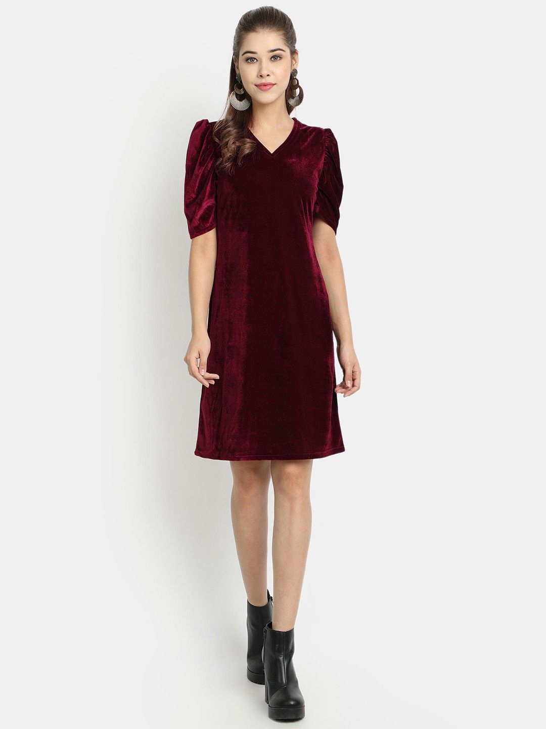 

Golden Kite Puff Sleeve Velvet Above Knee Sheath Dress, Maroon