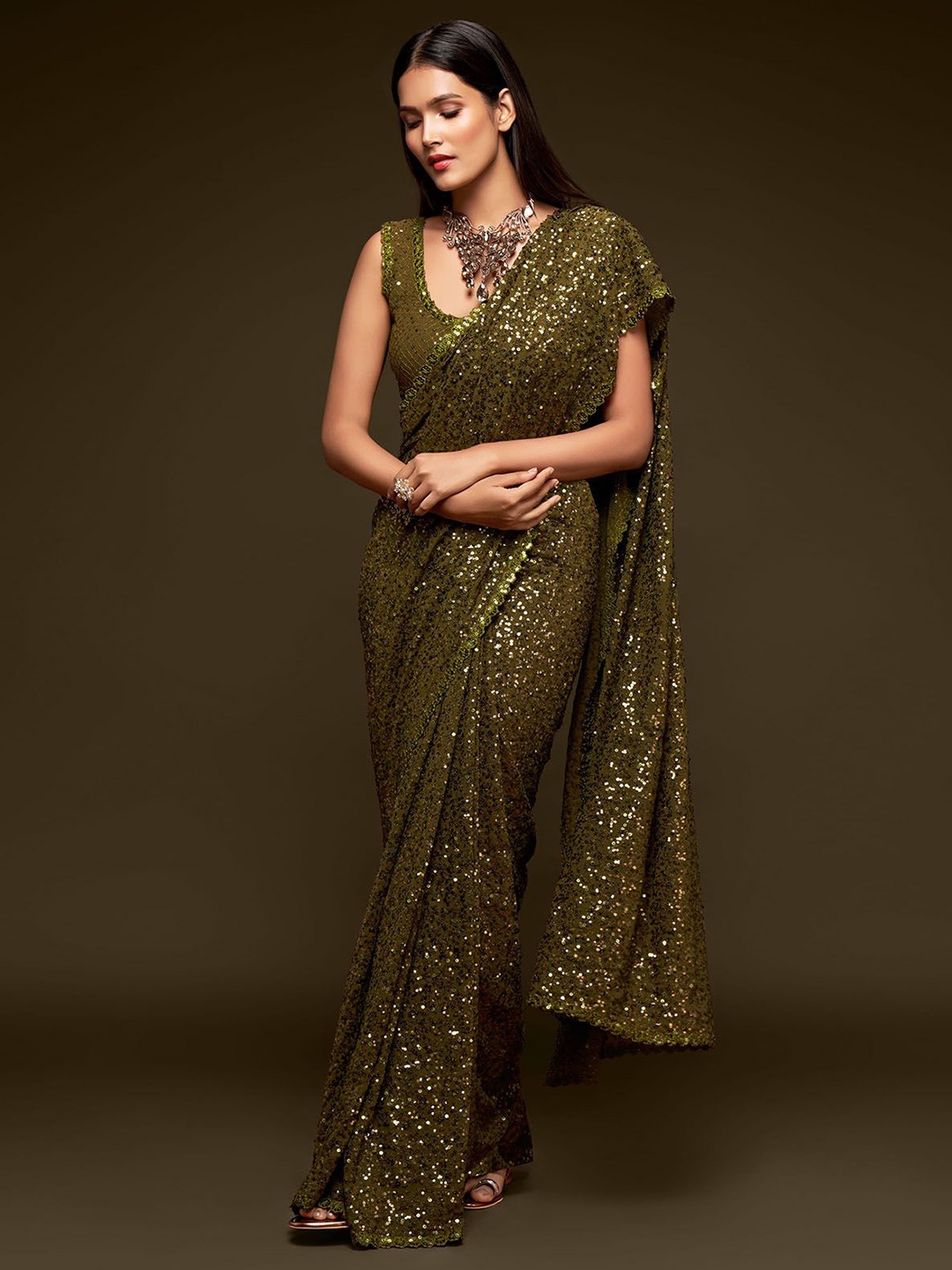 

ODETTE Embellished Sequinned Saree, Olive