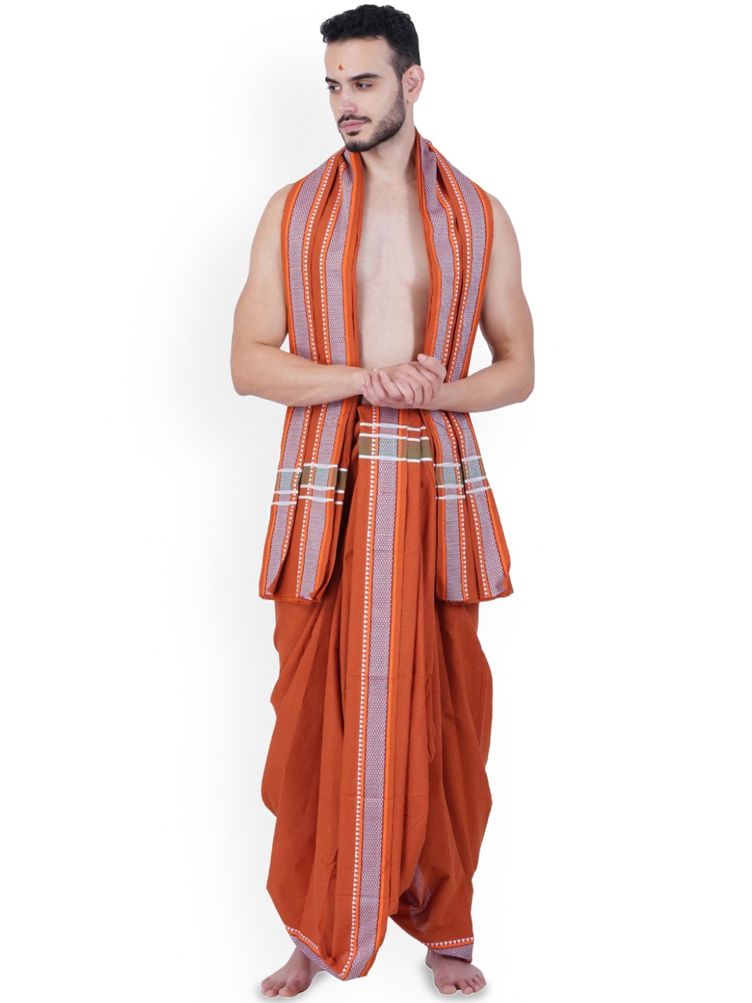 

Ethazh Men Cotton Dhotis With Angavastram, Orange