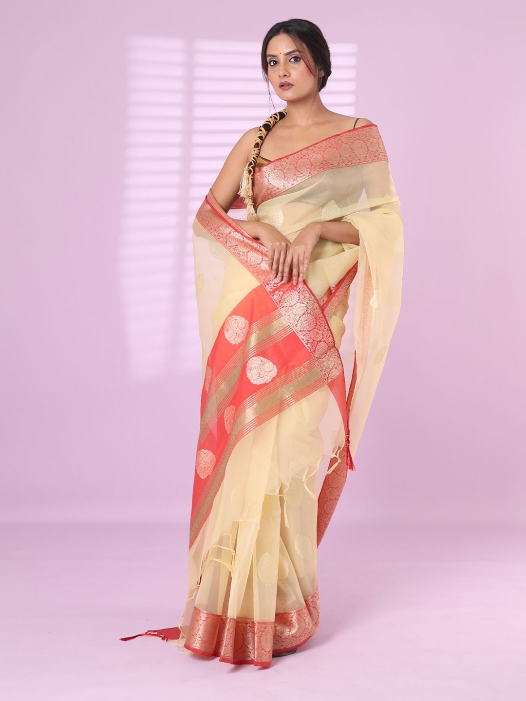 

Charukriti Woven Design Zari Organza Saree, Beige