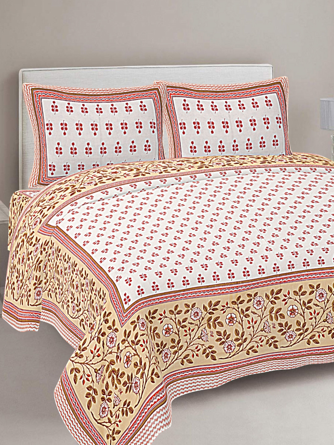 

FrionKandy Living Brown & White Printed Cotton 180 TC King Bedsheet With 2 Pillow Covers
