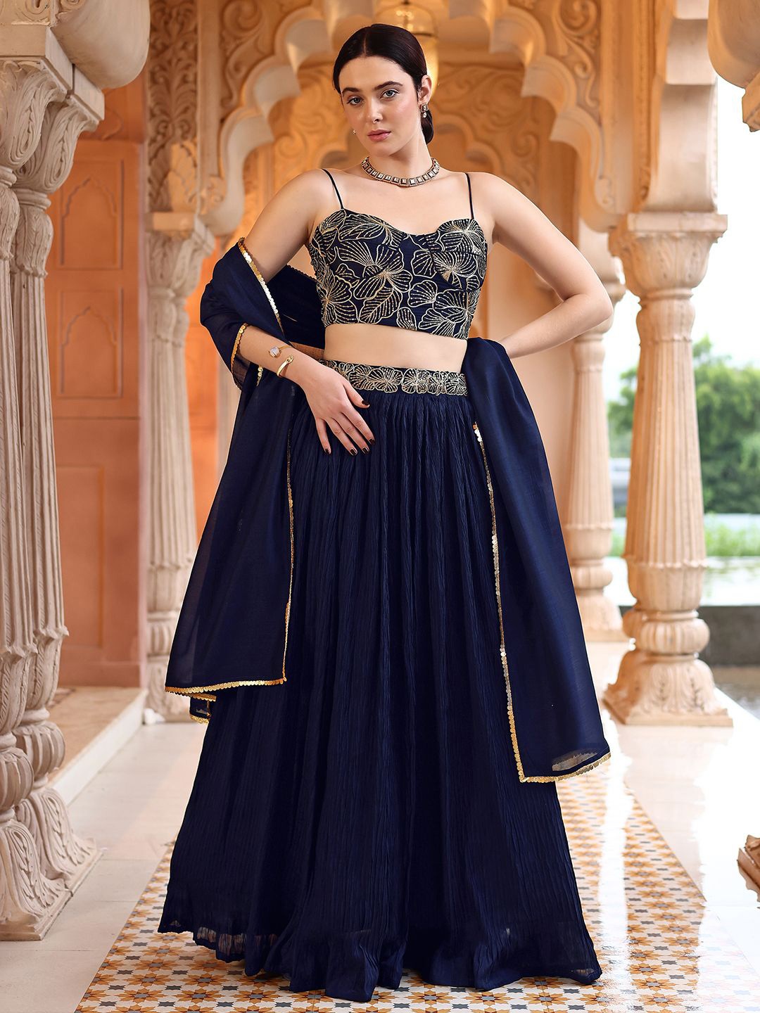 

PURVAJA Embroidered Sequinned Ready to Wear Lehenga & Unstitched Blouse With Dupatta, Navy blue